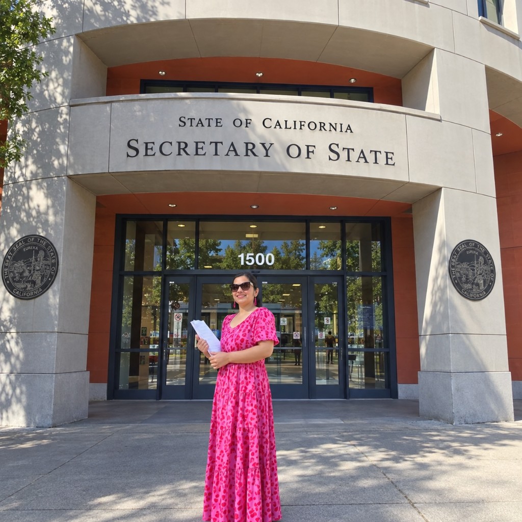 Sidhima Seth at the California Secretary of State entrance, holding documents to submit